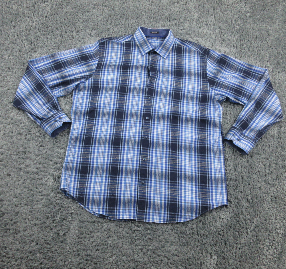 Bugatchi Uomo Shirt Mens XL Blue Plaid Long Sleeve Button Up